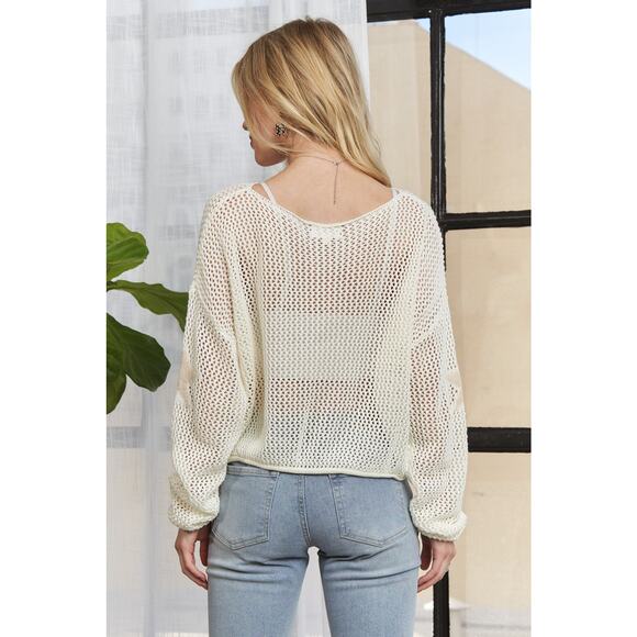 ADORA Star Print Long Sleeves Lightweight Loose Fit Casual Knit Sweater | Ivory - Picture 3 of 6